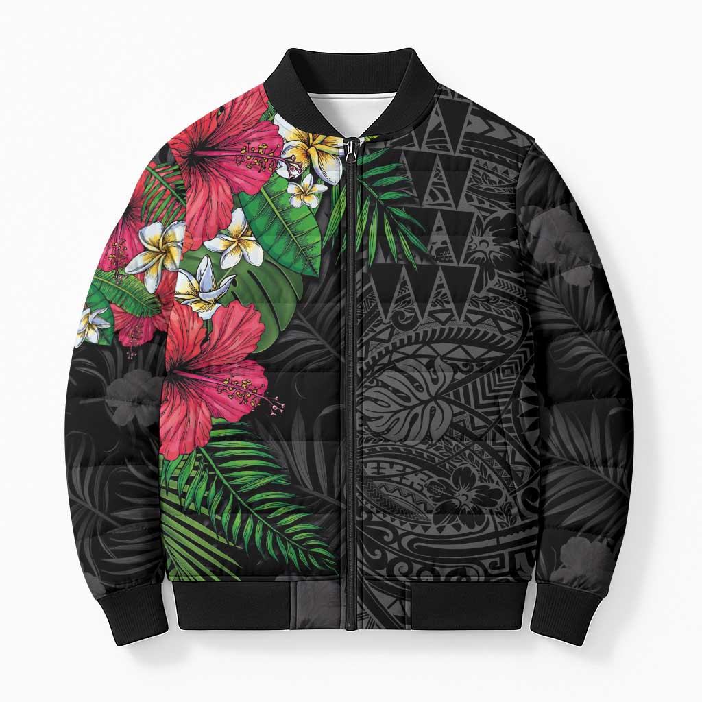 Hawaiian Tropical Plants Bomber Puffer Jacket Kakau Tattoo and Polynesian Pattern Half Black Color LT03 Unisex Black - Polynesian Pride