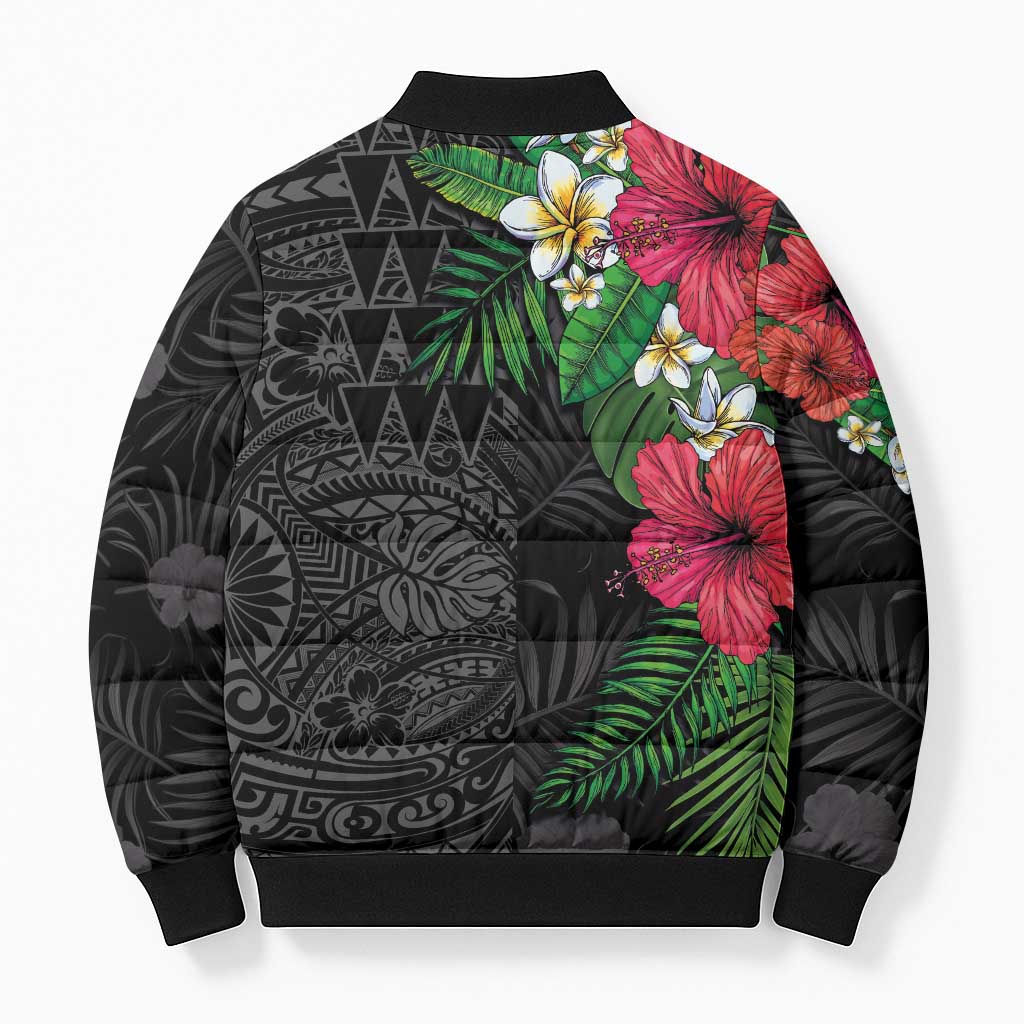 Hawaiian Tropical Plants Bomber Puffer Jacket Kakau Tattoo and Polynesian Pattern Half Black Color LT03 - Polynesian Pride
