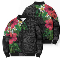 Hawaiian Tropical Plants Bomber Puffer Jacket Kakau Tattoo and Polynesian Pattern Half Black Color LT03 - Polynesian Pride