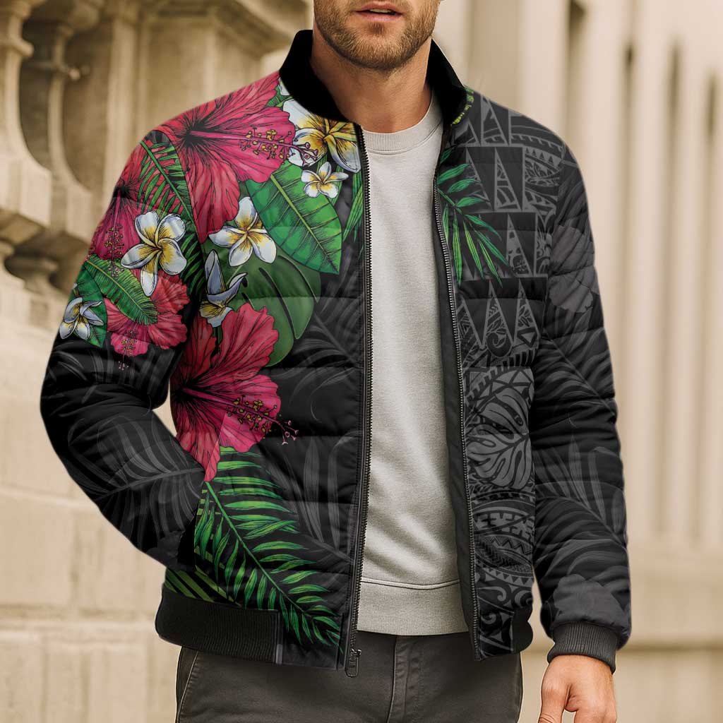 Hawaiian Tropical Plants Bomber Puffer Jacket Kakau Tattoo and Polynesian Pattern Half Black Color LT03 - Polynesian Pride