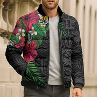 Hawaiian Tropical Plants Bomber Puffer Jacket Kakau Tattoo and Polynesian Pattern Half Black Color LT03 - Polynesian Pride