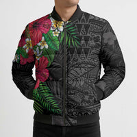 Hawaiian Tropical Plants Bomber Puffer Jacket Kakau Tattoo and Polynesian Pattern Half Black Color LT03 - Polynesian Pride