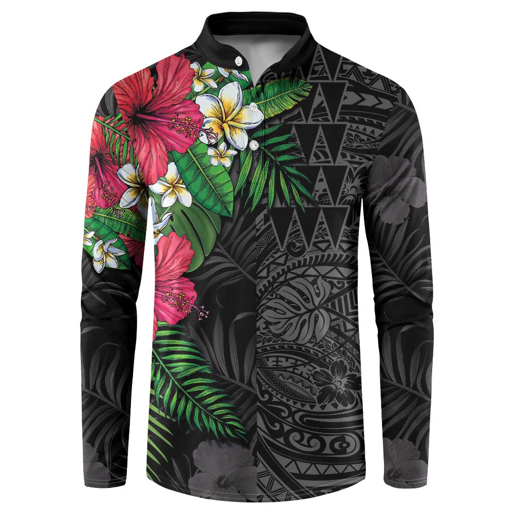 Hawaiian Tropical Plants Button Sweatshirt Kakau Tattoo and Polynesian Pattern Half Black Color LT03 Black - Polynesian Pride