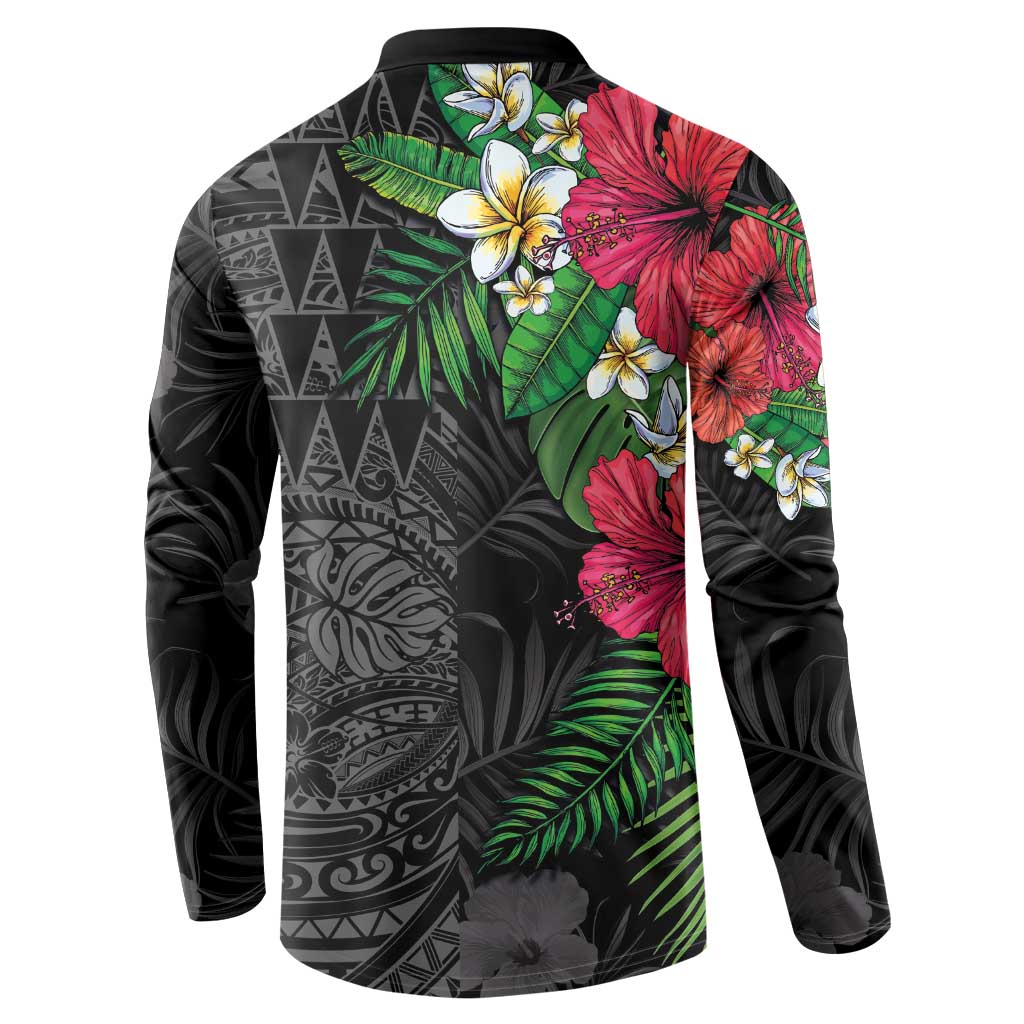 Hawaiian Tropical Plants Button Sweatshirt Kakau Tattoo and Polynesian Pattern Half Black Color LT03 - Polynesian Pride