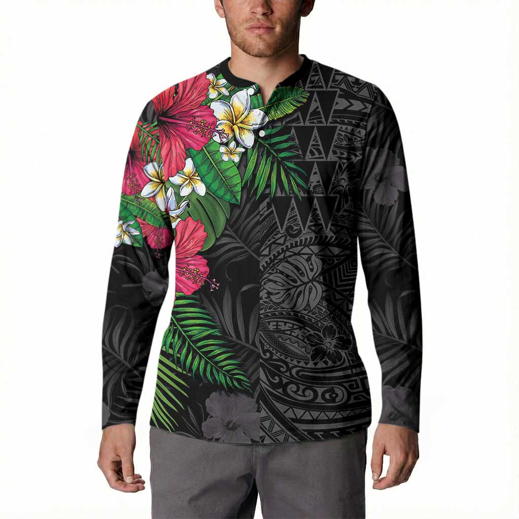 Hawaiian Tropical Plants Button Sweatshirt Kakau Tattoo and Polynesian Pattern Half Black Color LT03 - Polynesian Pride