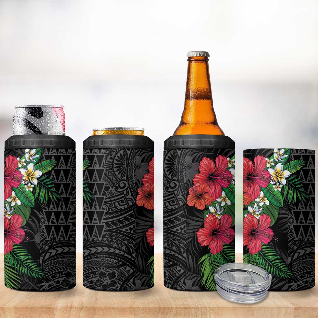 Hawaiian Tropical Plants 4 in 1 Can Cooler Tumbler Kakau Tattoo and Polynesian Pattern Half Black Color LT03 - Polynesian Pride
