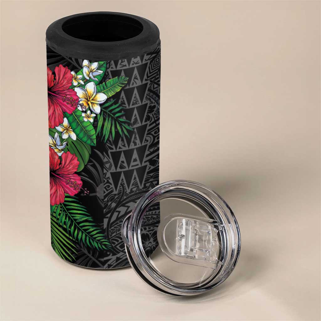 Hawaiian Tropical Plants 4 in 1 Can Cooler Tumbler Kakau Tattoo and Polynesian Pattern Half Black Color LT03 - Polynesian Pride