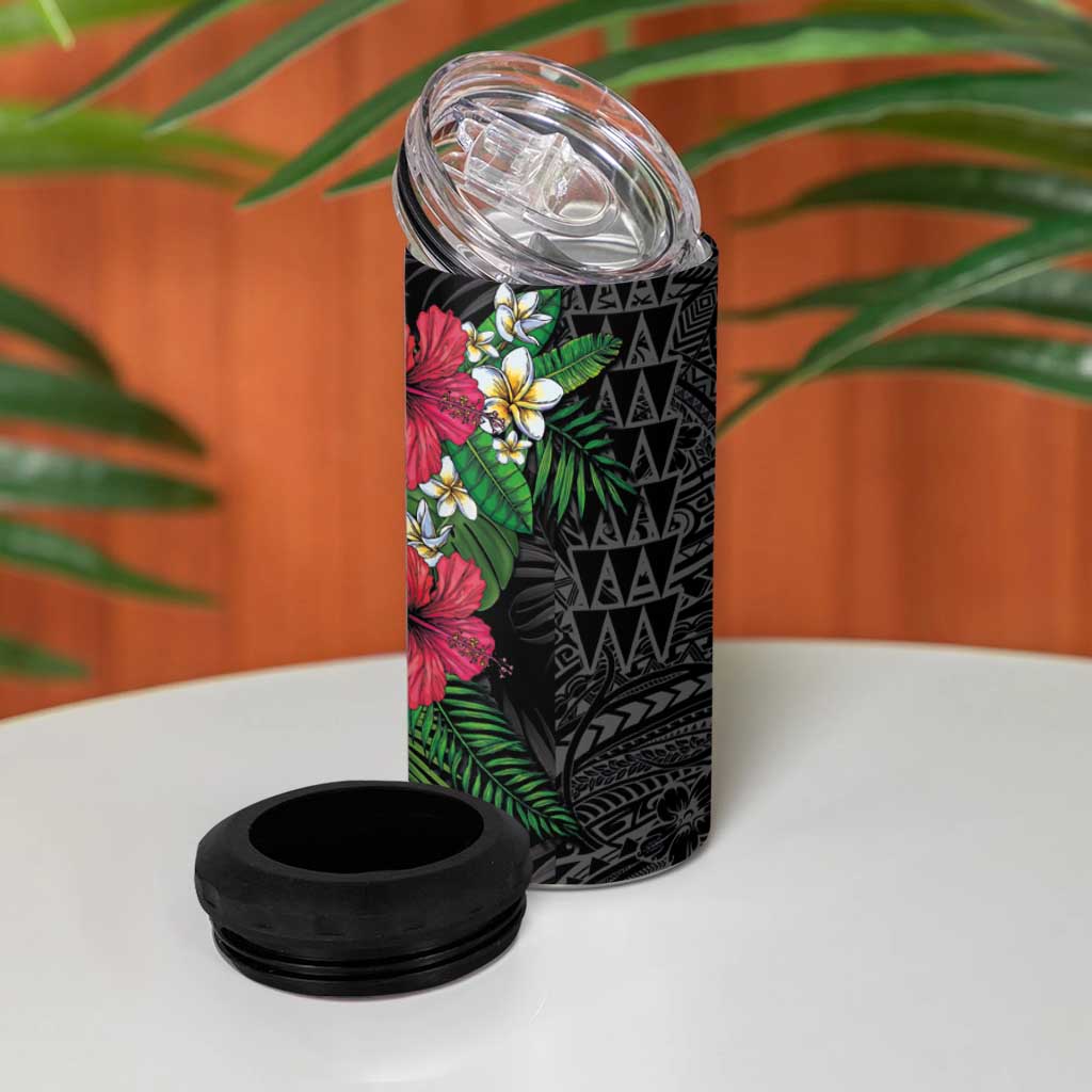 Hawaiian Tropical Plants 4 in 1 Can Cooler Tumbler Kakau Tattoo and Polynesian Pattern Half Black Color LT03 - Polynesian Pride