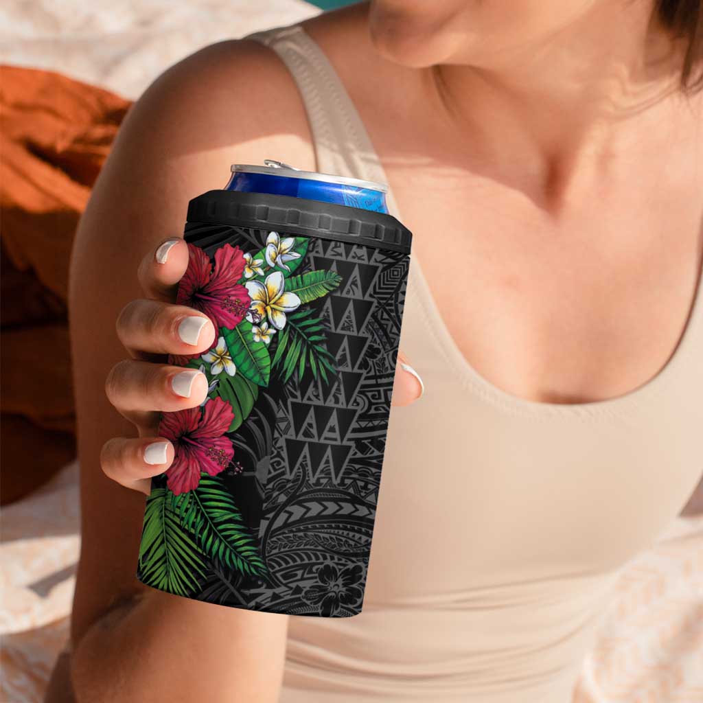 Hawaiian Tropical Plants 4 in 1 Can Cooler Tumbler Kakau Tattoo and Polynesian Pattern Half Black Color LT03 - Polynesian Pride