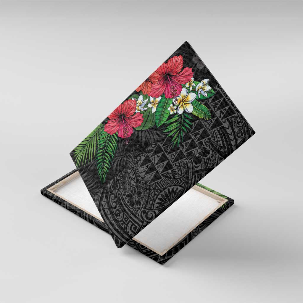 Hawaiian Tropical Plants Canvas Wall Art Kakau Tattoo and Polynesian Pattern Half Black Color LT03 With Frame Black - Polynesian Pride