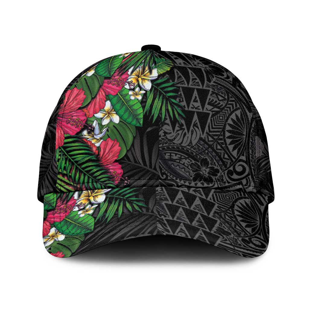 Hawaiian Tropical Plants Classic Cap Kakau Tattoo and Polynesian Pattern Half Black Color LT03 Universal Fit Black - Polynesian Pride
