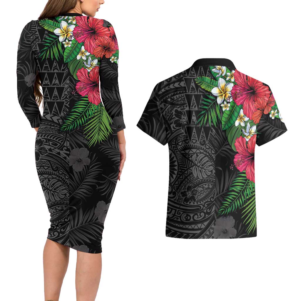 Hawaiian Tropical Plants Couples Matching Long Sleeve Bodycon Dress and Hawaiian Shirt Kakau Tattoo and Polynesian Pattern Half Black Color