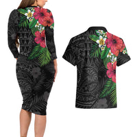 Hawaiian Tropical Plants Couples Matching Long Sleeve Bodycon Dress and Hawaiian Shirt Kakau Tattoo and Polynesian Pattern Half Black Color