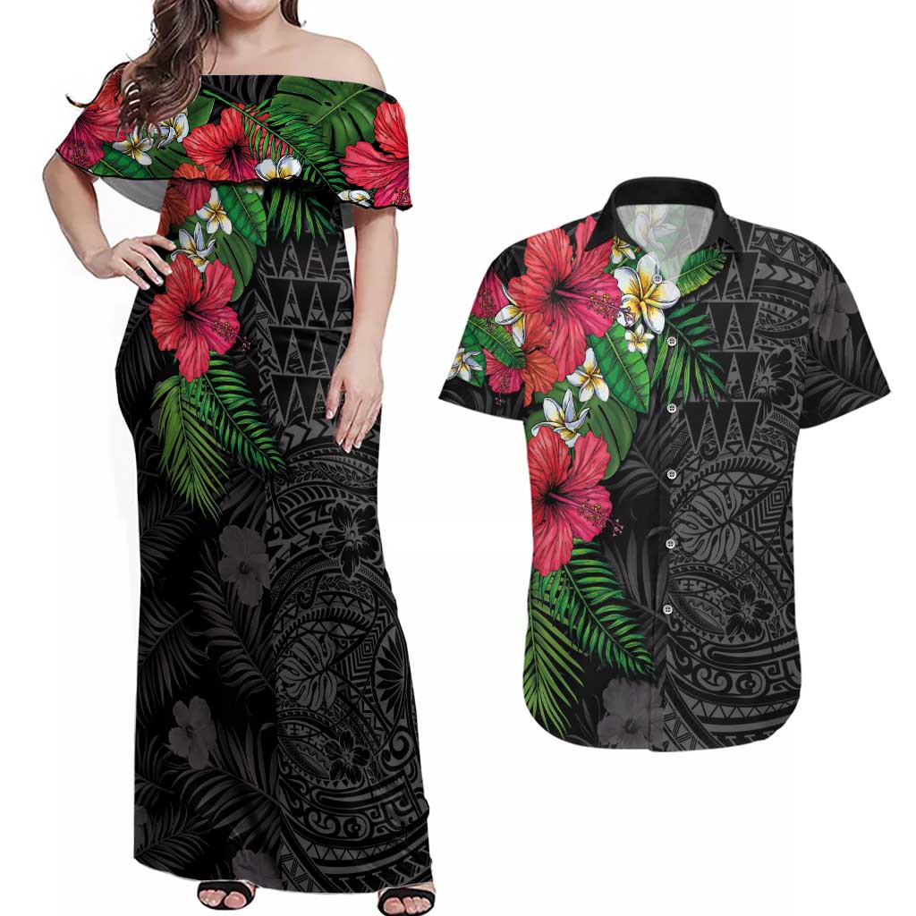 Hawaiian Tropical Plants Couples Matching Off Shoulder Maxi Dress and Hawaiian Shirt Kakau Tattoo and Polynesian Pattern Half Black Color LT03 Black - Polynesian Pride