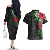 Hawaiian Tropical Plants Couples Matching Off The Shoulder Long Sleeve Dress and Hawaiian Shirt Kakau Tattoo and Polynesian Pattern Half Black Color