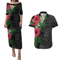 Hawaiian Tropical Plants Couples Matching Puletasi and Hawaiian Shirt Kakau Tattoo and Polynesian Pattern Half Black Color LT03 Black - Polynesian Pride