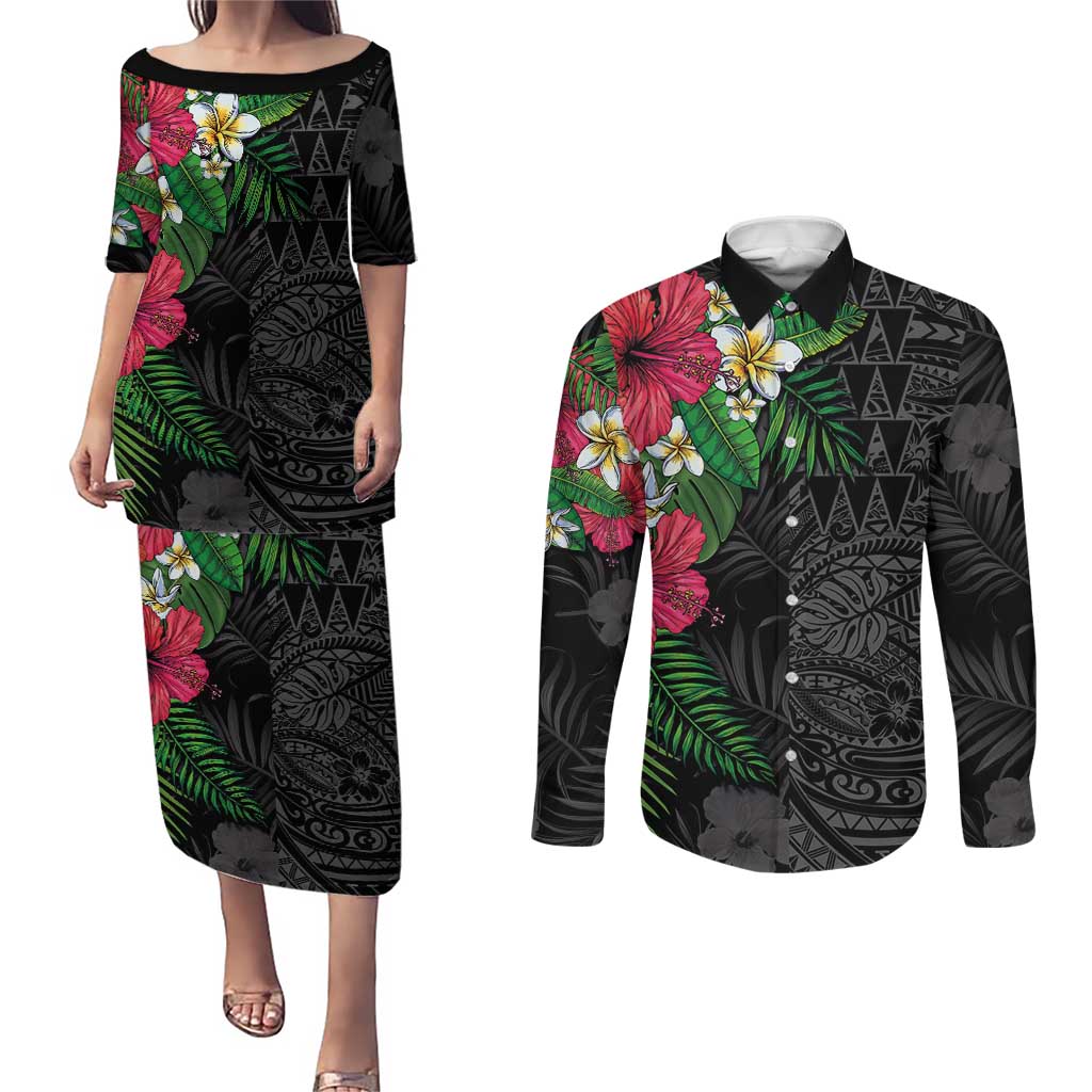 Hawaiian Tropical Plants Couples Matching Puletasi and Long Sleeve Button Shirt Kakau Tattoo and Polynesian Pattern Half Black Color LT03 Black - Polynesian Pride