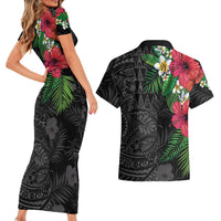 Hawaiian Tropical Plants Couples Matching Short Sleeve Bodycon Dress and Hawaiian Shirt Kakau Tattoo and Polynesian Pattern Half Black Color