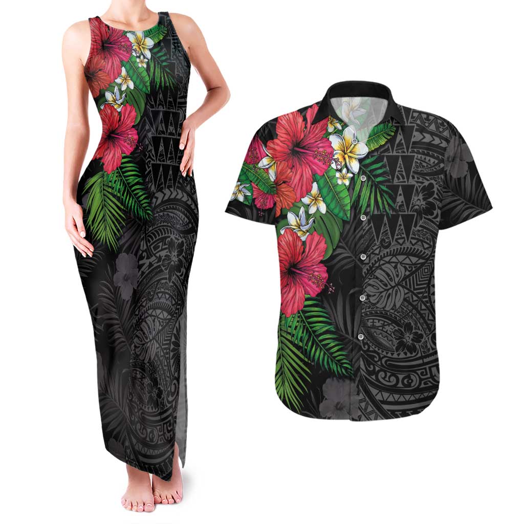 Hawaiian Tropical Plants Couples Matching Tank Maxi Dress and Hawaiian Shirt Kakau Tattoo and Polynesian Pattern Half Black Color