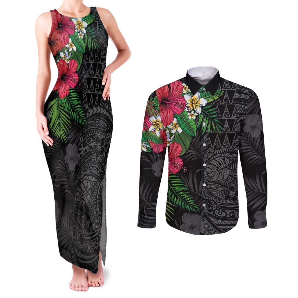 Hawaiian Tropical Plants Couples Matching Tank Maxi Dress and Long Sleeve Button Shirt Kakau Tattoo and Polynesian Pattern Half Black Color LT03 Black - Polynesian Pride