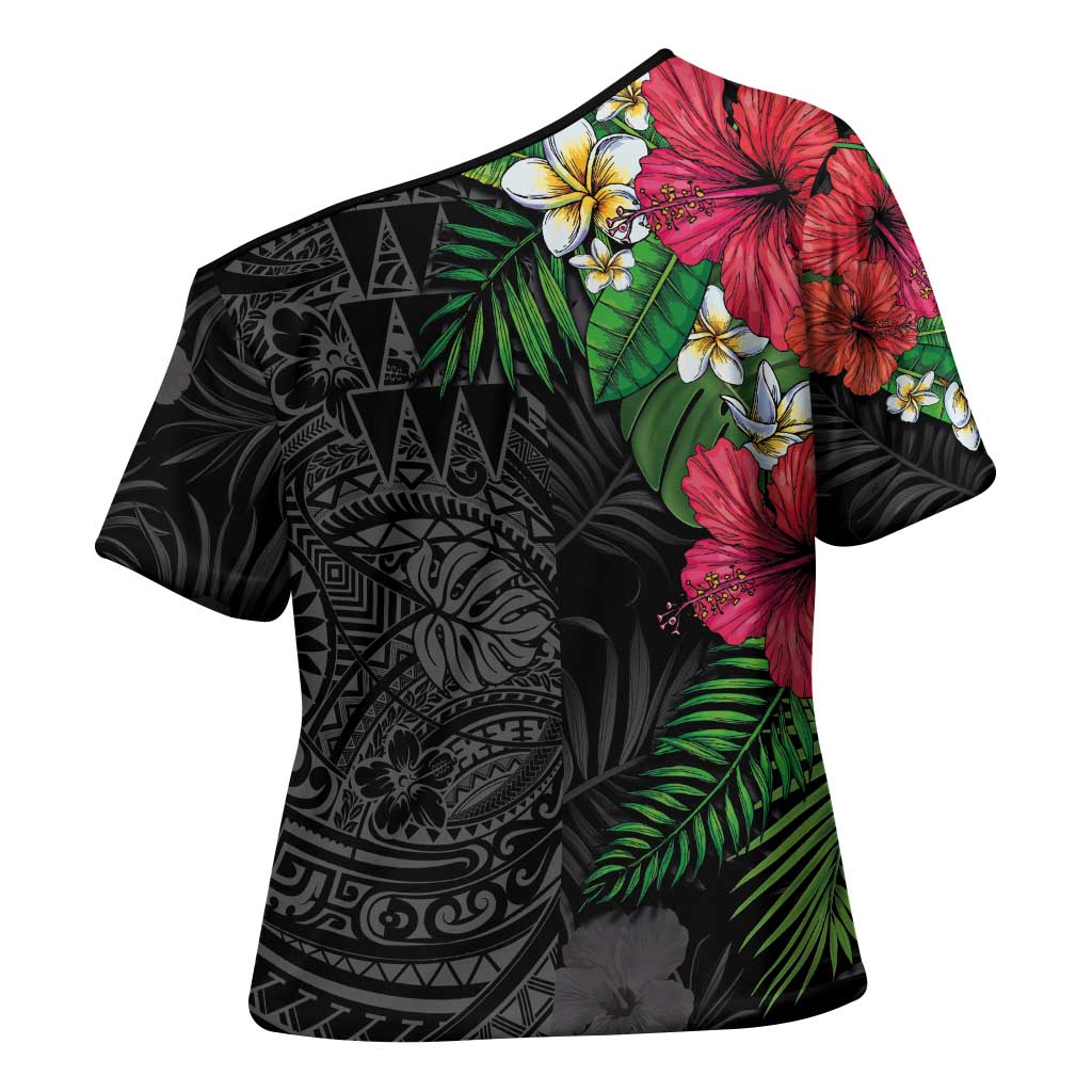 Hawaiian Tropical Plants Cross Shoulder Shirt Kakau Tattoo and Polynesian Pattern Half Black Color LT03 - Polynesian Pride