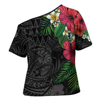 Hawaiian Tropical Plants Cross Shoulder Shirt Kakau Tattoo and Polynesian Pattern Half Black Color LT03 - Polynesian Pride