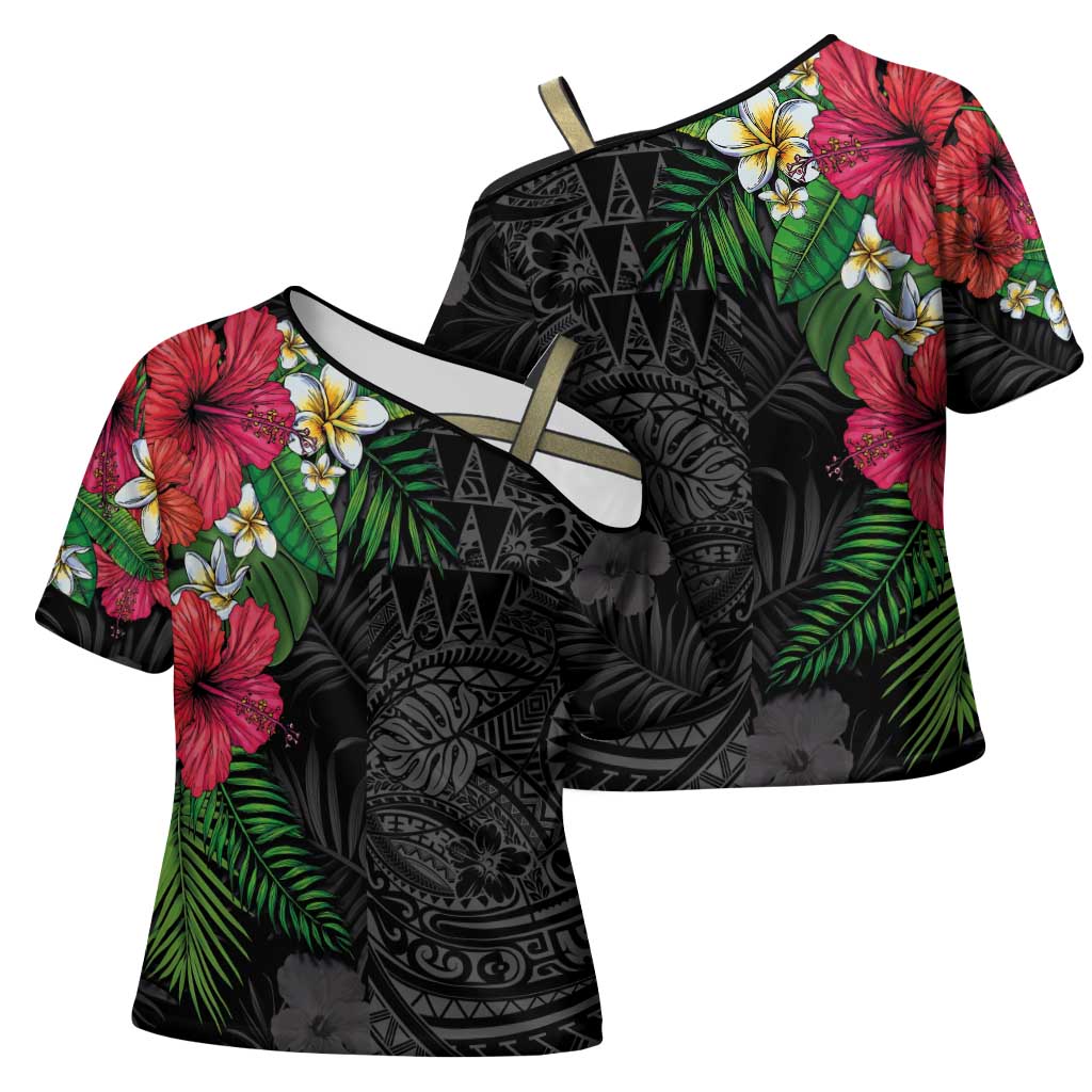 Hawaiian Tropical Plants Cross Shoulder Shirt Kakau Tattoo and Polynesian Pattern Half Black Color LT03 - Polynesian Pride