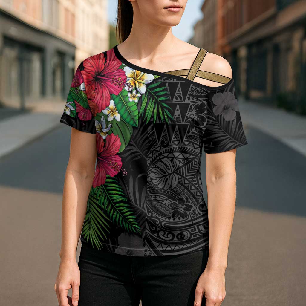Hawaiian Tropical Plants Cross Shoulder Shirt Kakau Tattoo and Polynesian Pattern Half Black Color LT03 - Polynesian Pride