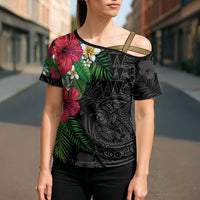 Hawaiian Tropical Plants Cross Shoulder Shirt Kakau Tattoo and Polynesian Pattern Half Black Color LT03 - Polynesian Pride