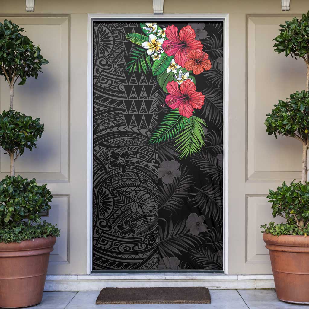 Hawaiian Tropical Plants Door Cover Kakau Tattoo and Polynesian Pattern Half Black Color LT03 Black - Polynesian Pride