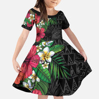 Hawaiian Tropical Plants Family Matching Off The Shoulder Long Sleeve Dress and Hawaiian Shirt Kakau Tattoo and Polynesian Pattern Half Black Color