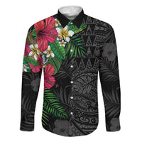 Hawaiian Tropical Plants Family Matching Off The Shoulder Long Sleeve Dress and Hawaiian Shirt Kakau Tattoo and Polynesian Pattern Half Black Color