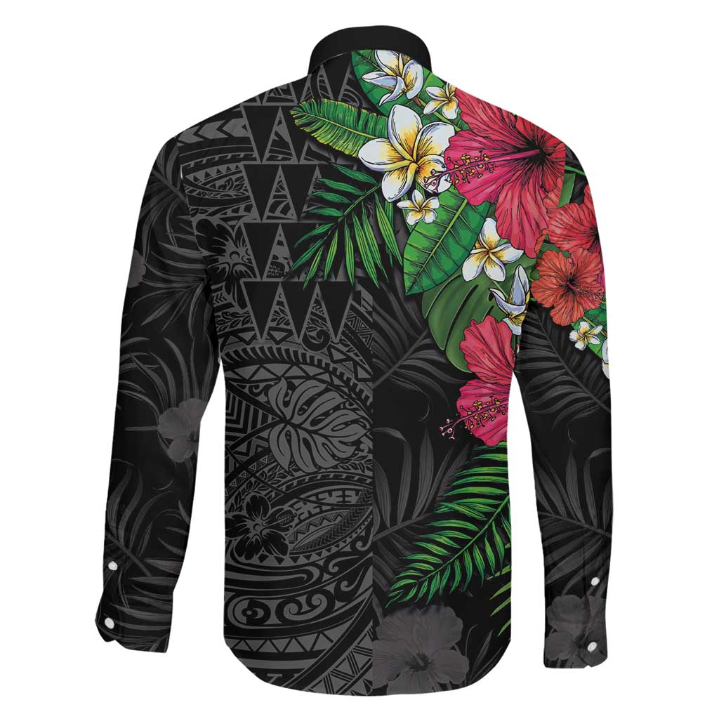 Hawaiian Tropical Plants Family Matching Off The Shoulder Long Sleeve Dress and Hawaiian Shirt Kakau Tattoo and Polynesian Pattern Half Black Color
