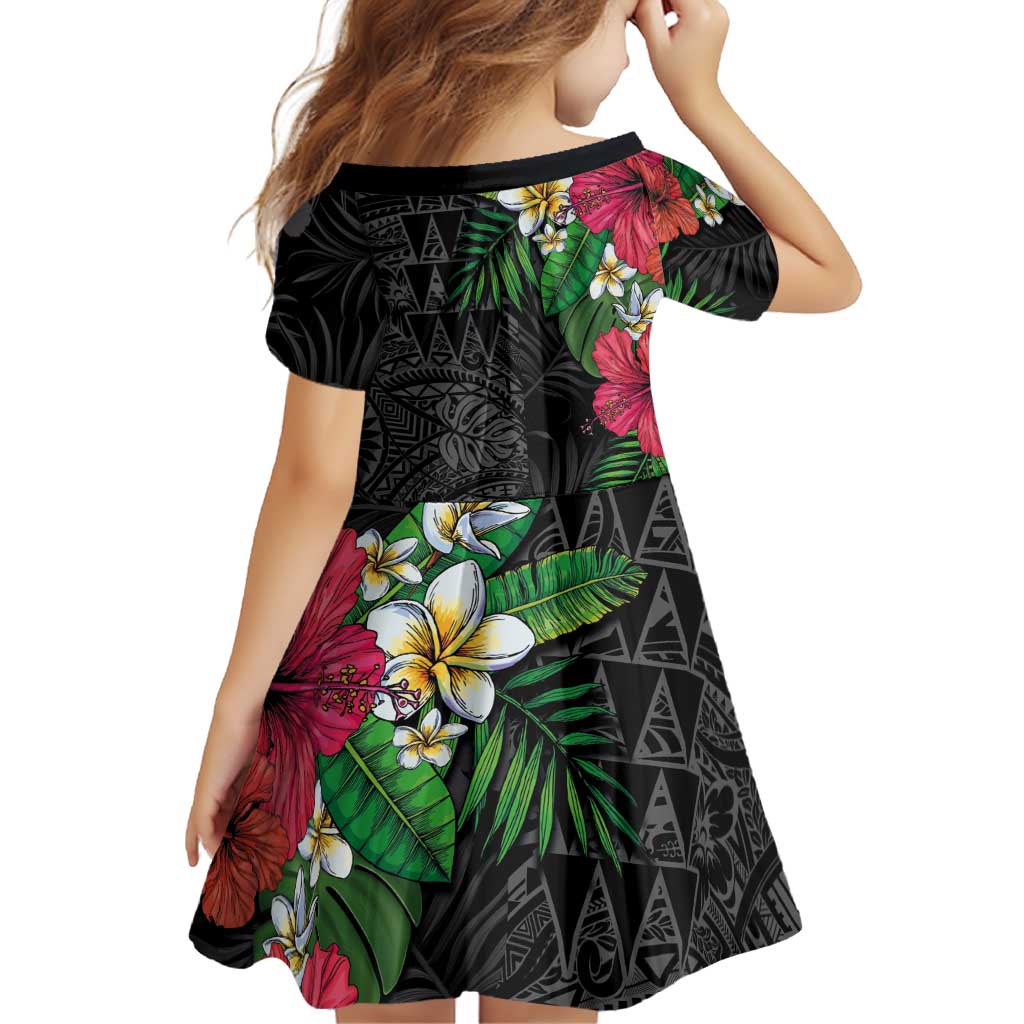 Hawaiian Tropical Plants Family Matching Off Shoulder Short Dress and Hawaiian Shirt Kakau Tattoo and Polynesian Pattern Half Black Color