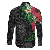 Hawaiian Tropical Plants Family Matching Off Shoulder Short Dress and Hawaiian Shirt Kakau Tattoo and Polynesian Pattern Half Black Color