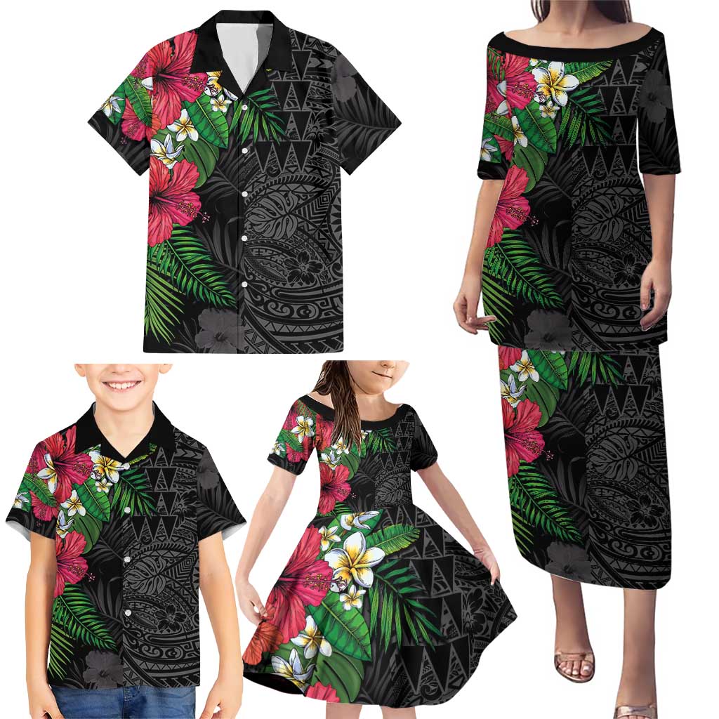 Hawaiian Tropical Plants Family Matching Puletasi and Hawaiian Shirt Kakau Tattoo and Polynesian Pattern Half Black Color LT03 - Polynesian Pride