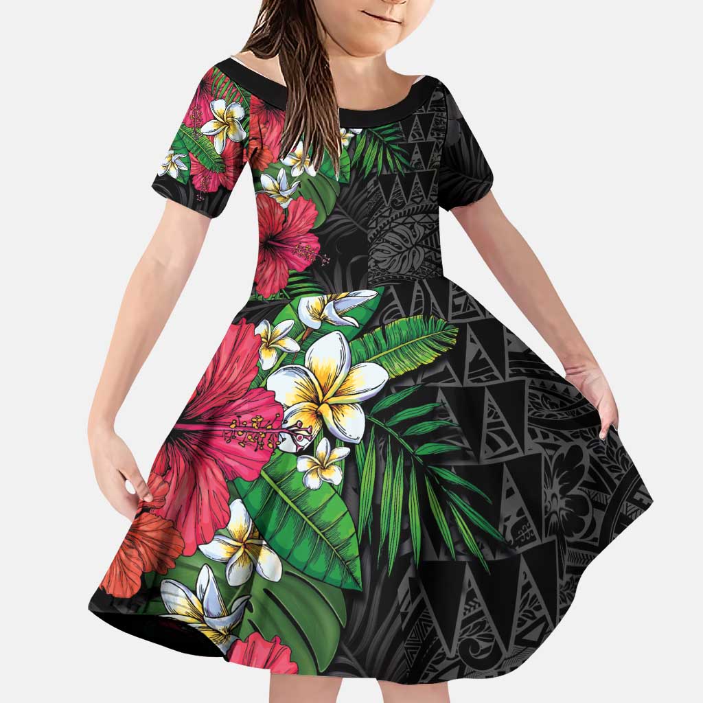 Hawaiian Tropical Plants Family Matching Short Sleeve Bodycon Dress and Hawaiian Shirt Kakau Tattoo and Polynesian Pattern Half Black Color