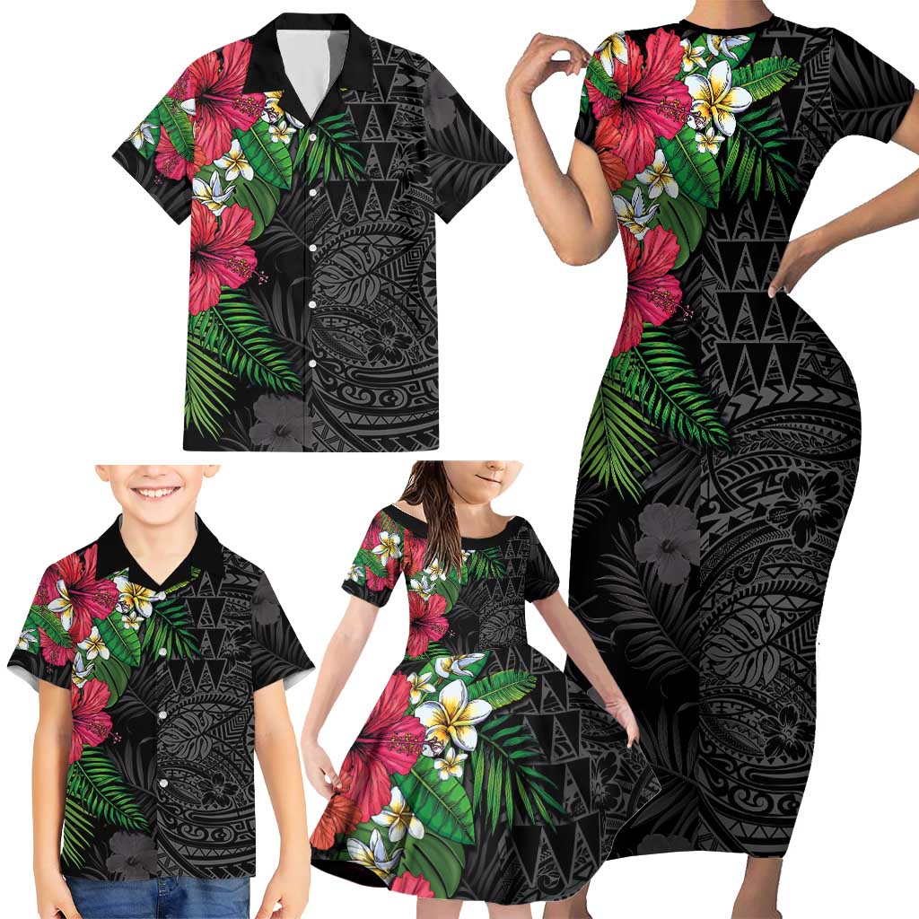 Hawaiian Tropical Plants Family Matching Short Sleeve Bodycon Dress and Hawaiian Shirt Kakau Tattoo and Polynesian Pattern Half Black Color