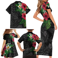 Hawaiian Tropical Plants Family Matching Short Sleeve Bodycon Dress and Hawaiian Shirt Kakau Tattoo and Polynesian Pattern Half Black Color