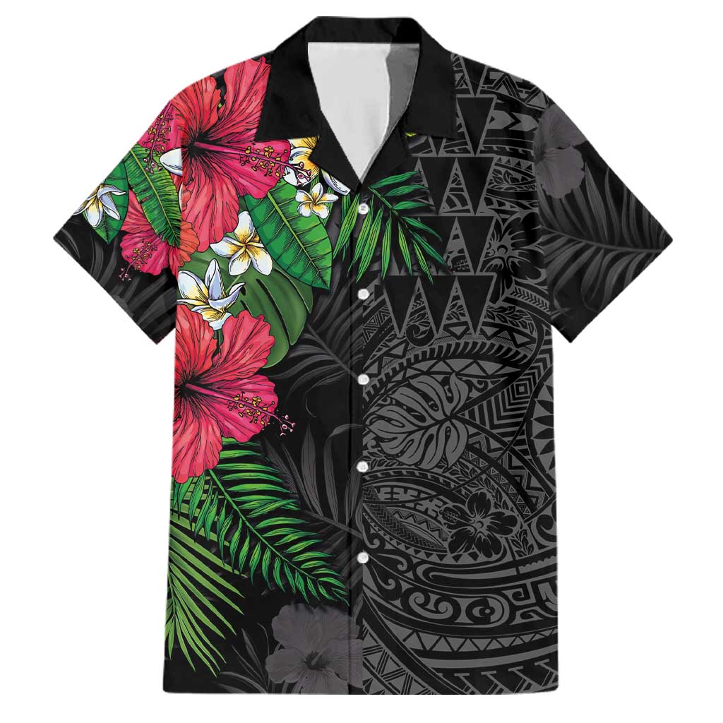 Hawaiian Tropical Plants Family Matching Short Sleeve Bodycon Dress and Hawaiian Shirt Kakau Tattoo and Polynesian Pattern Half Black Color