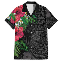 Hawaiian Tropical Plants Family Matching Short Sleeve Bodycon Dress and Hawaiian Shirt Kakau Tattoo and Polynesian Pattern Half Black Color