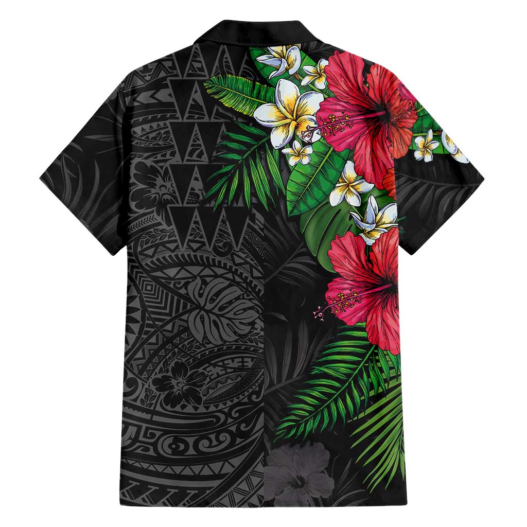 Hawaiian Tropical Plants Family Matching Short Sleeve Bodycon Dress and Hawaiian Shirt Kakau Tattoo and Polynesian Pattern Half Black Color