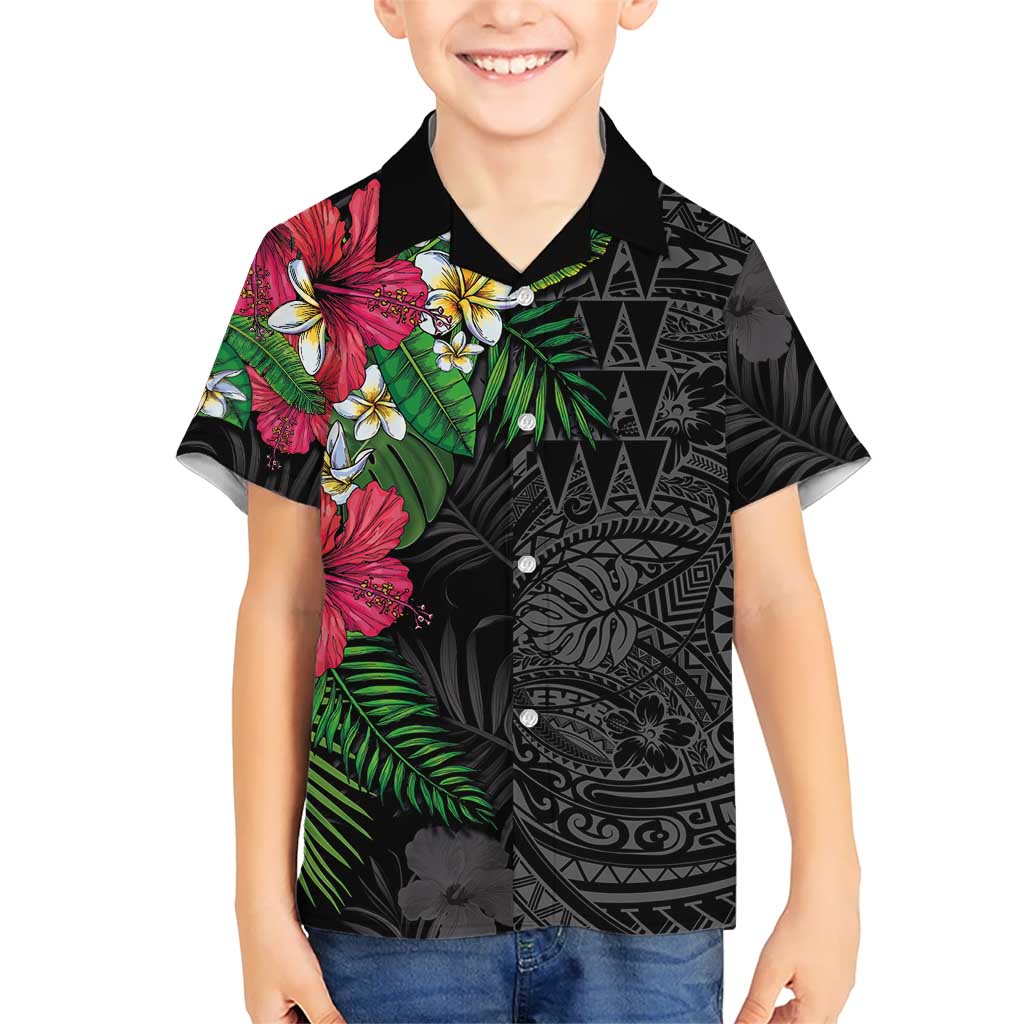Hawaiian Tropical Plants Family Matching Short Sleeve Bodycon Dress and Hawaiian Shirt Kakau Tattoo and Polynesian Pattern Half Black Color