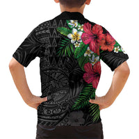 Hawaiian Tropical Plants Family Matching Summer Maxi Dress and Hawaiian Shirt Kakau Tattoo and Polynesian Pattern Half Black Color