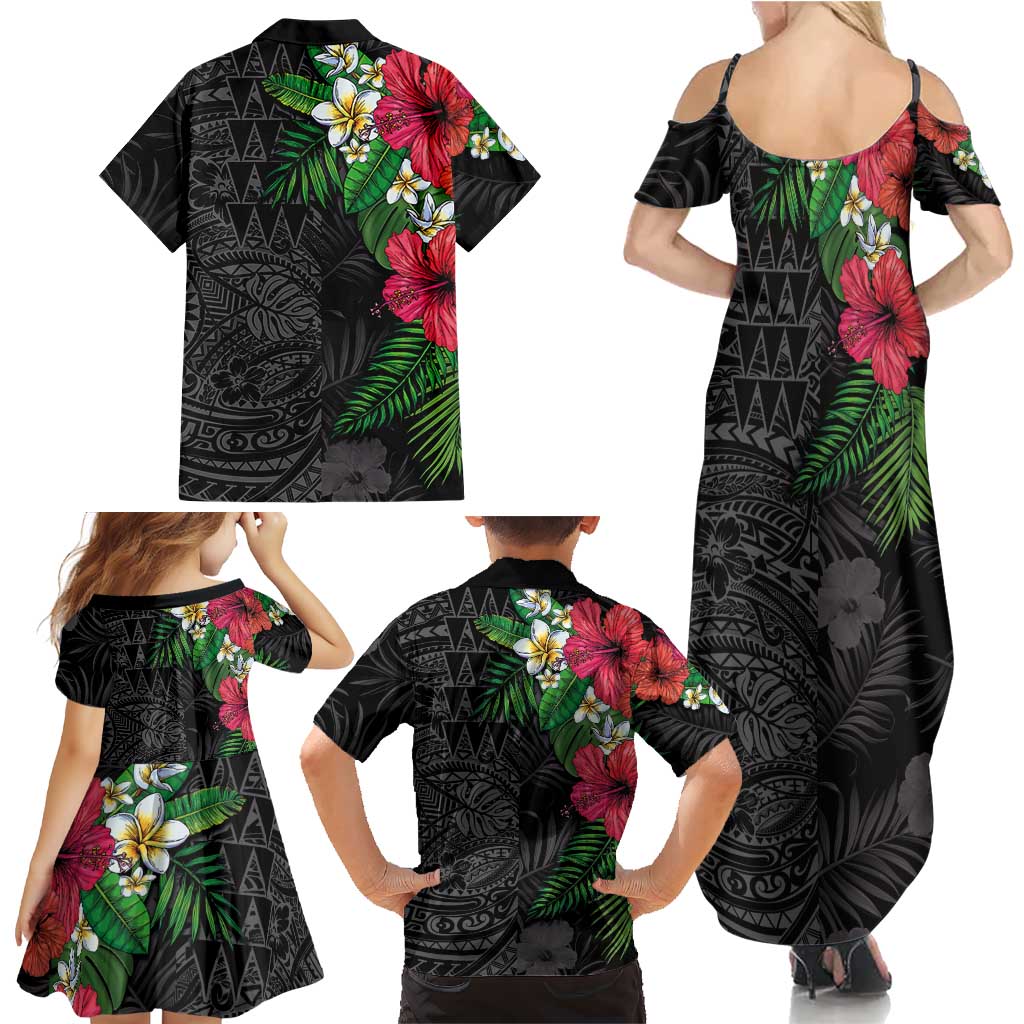 Hawaiian Tropical Plants Family Matching Summer Maxi Dress and Hawaiian Shirt Kakau Tattoo and Polynesian Pattern Half Black Color