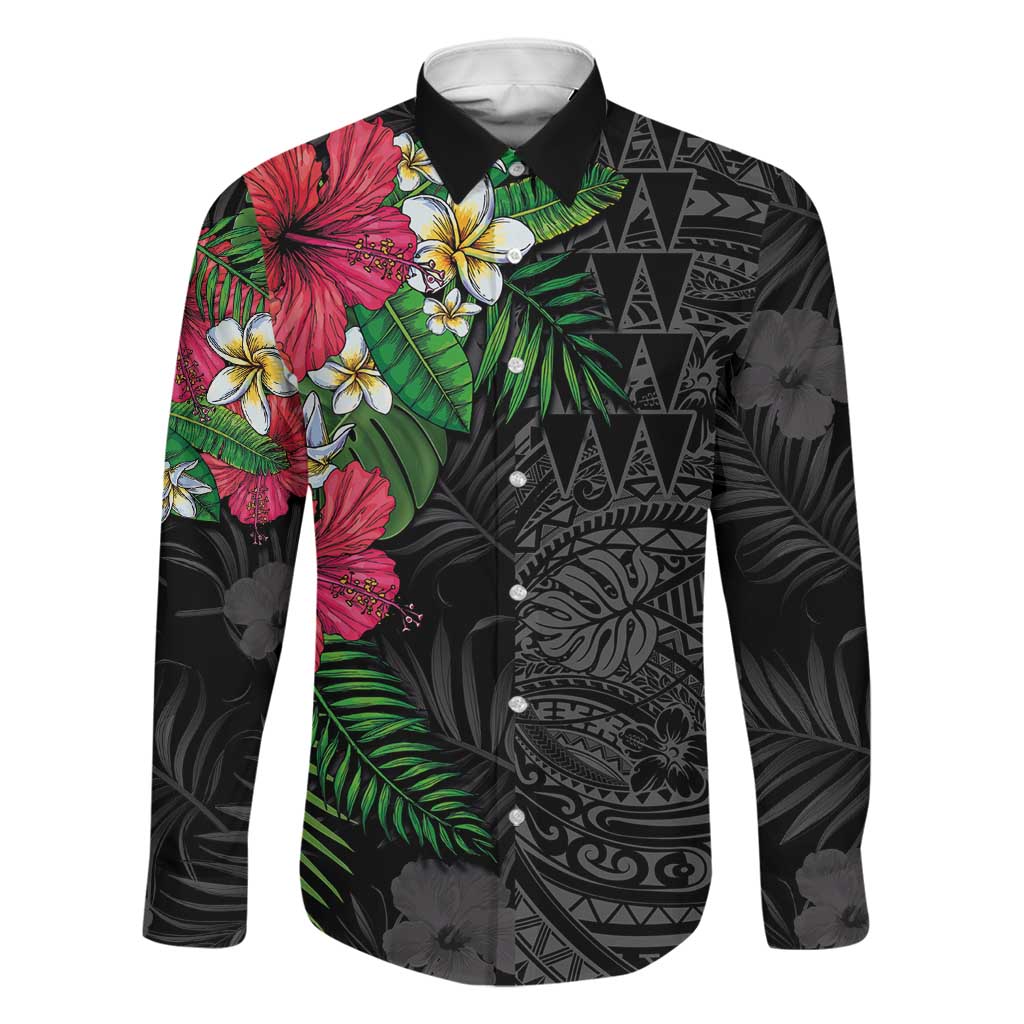 Hawaiian Tropical Plants Family Matching Summer Maxi Dress and Hawaiian Shirt Kakau Tattoo and Polynesian Pattern Half Black Color