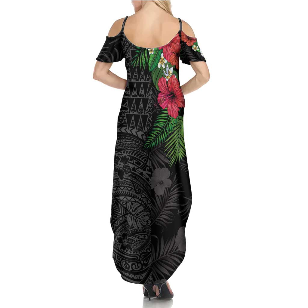 Hawaiian Tropical Plants Family Matching Summer Maxi Dress and Hawaiian Shirt Kakau Tattoo and Polynesian Pattern Half Black Color