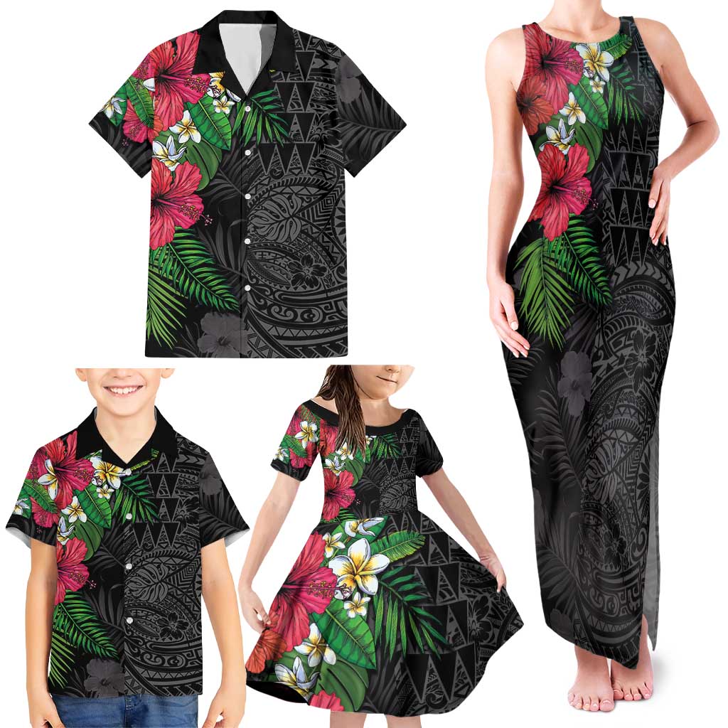Hawaiian Tropical Plants Family Matching Tank Maxi Dress and Hawaiian Shirt Kakau Tattoo and Polynesian Pattern Half Black Color