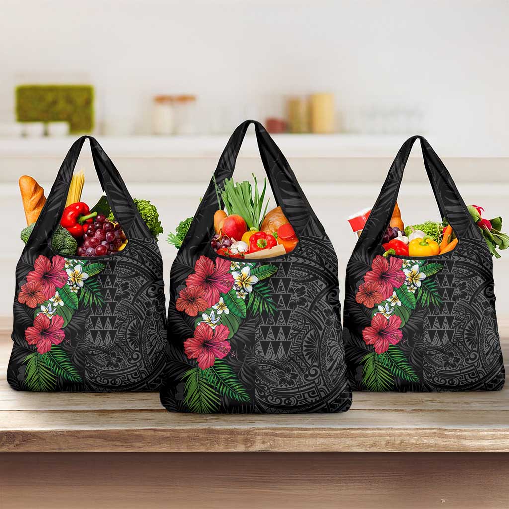 Hawaiian Tropical Plants Grocery Bag Kakau Tattoo and Polynesian Pattern Half Black Color LT03 3-pack One Size Black - Polynesian Pride