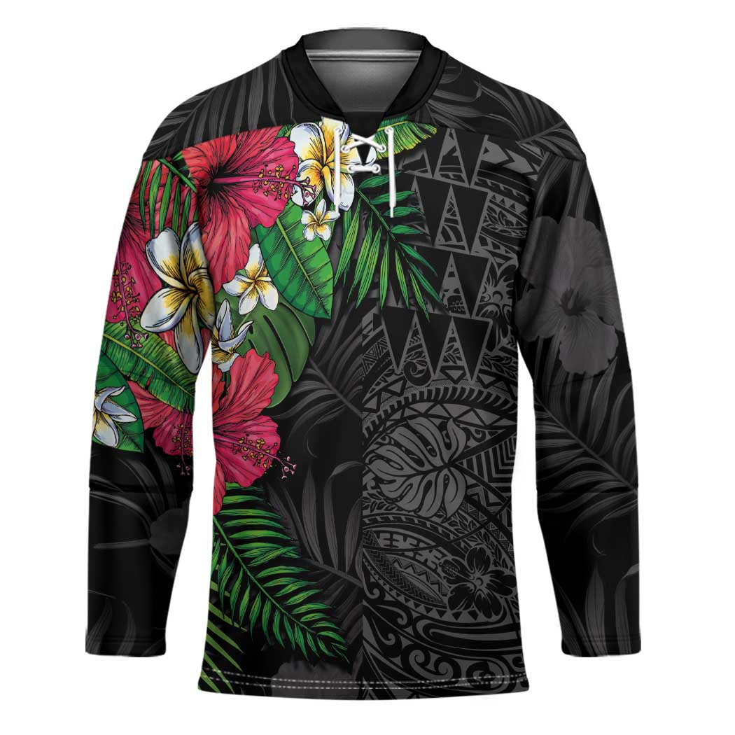 Hawaiian Tropical Plants Hockey Jersey Kakau Tattoo and Polynesian Pattern Half Black Color LT03 Unisex Black - Polynesian Pride